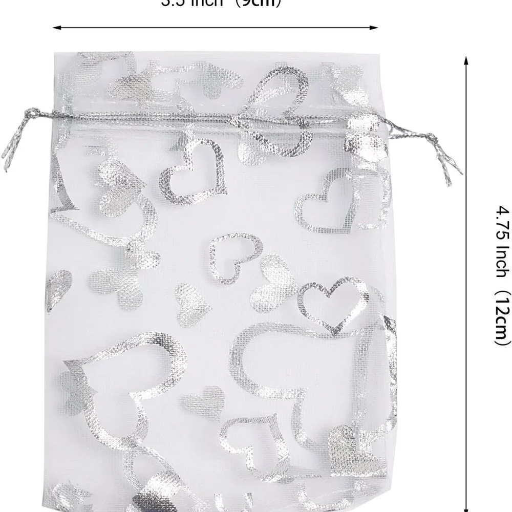 Wedding Organza Drawstring Bag 50 pc White/Silver with Hearts. BRAND NEW